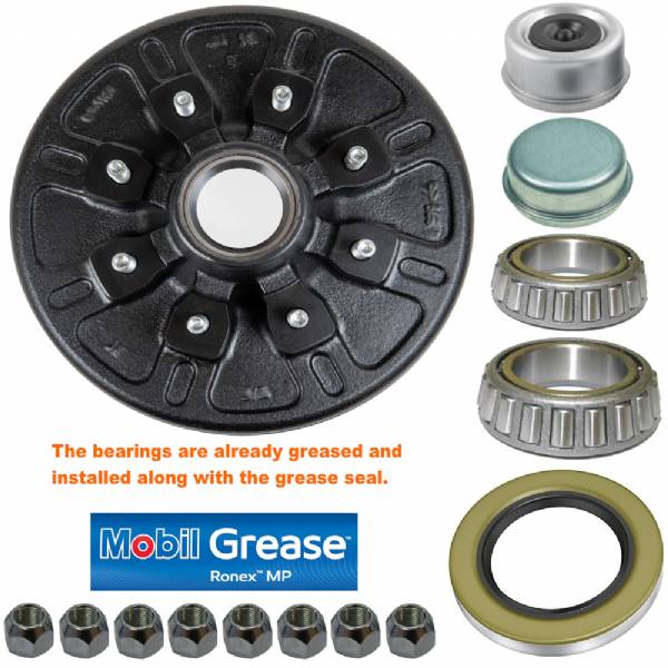 19-130 7000lb 8 on 6-1/2" Bolt Pattern 12" Complete Pre-Greased Brake Drum Kit with 1/2" Lug Studs