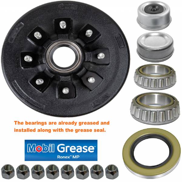 19-135 7000lb 8 on 6-1/2" Bolt Pattern 12" Complete Pre-Greased Drum Kit with 9/16" Lug Studs