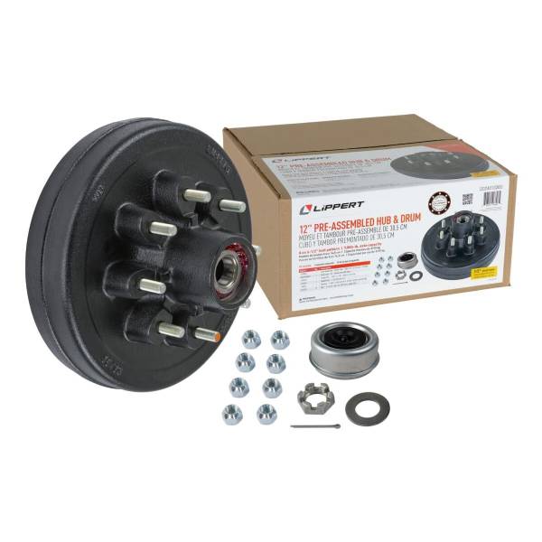 2024013260 7000lb 8 on 6-1/2" Bolt Pattern 12" Pre-Greased Brake Drum Kit with 1/2" Lug Studs